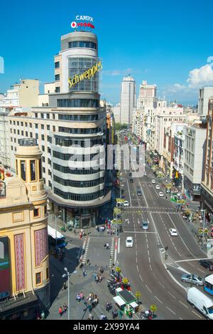 Gran via Street, vue aérienne depuis Callao Square. Madrid, Espagne. Banque D'Images