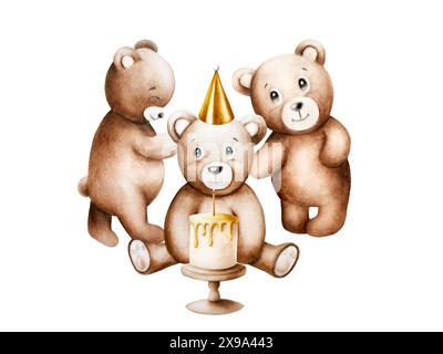 Ours en peluche de dessin animé mignon à l'aquarelle avec anniversaire doré, chapeau de vacances et gâteau avec bougie dorée sur un stand en bois. Illustration de bébé dessinée à la main Banque D'Images