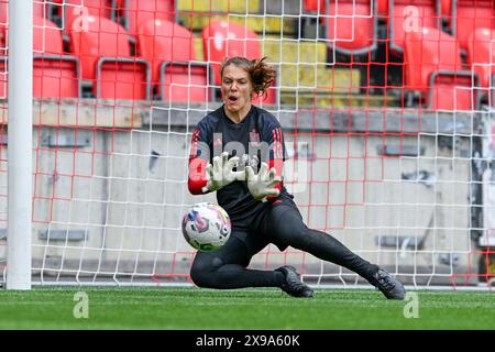 Prague, République tchèque. 30 mai 2024. Riet Maes (21 ans), belge, lors d'une séance d'entraînement de la journée -1 avant le match de football opposant les équipes nationales féminines de la République tchèque et de la Belgique, a appelé les Red Flames lors de la troisième journée du Groupe A2 dans la phase de la ligue des qualifications européennes féminines de l'UEFA 2023-24, le jeudi 30 mai 2024 à Prague, République tchèque . Crédit : Sportpix/Alamy Live News Banque D'Images