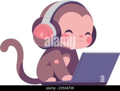 Amis animaux mignons à l'aide d'un ordinateur portable, Monkey2 Illustration de Vecteur