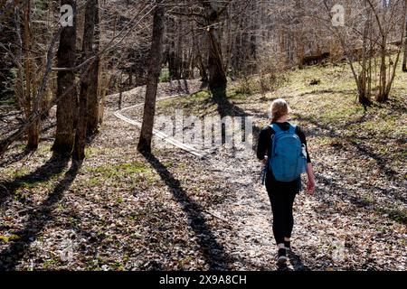 FEMME, RANDONNÉE, MODÈLE LIBÉRÉ, RÉSERVE NATURELLE de HÖCKBÖLE : une femme profite des belles vues panoramiques du sentier de randonnée que l'hiver tourne vers le printemps dans la belle réserve naturelle de Höckböle (connue en suédois sous le nom de Höckböleholmens naturreservat) à Geta, Åland, mer Baltique, Finlande. Photo : Rob Watkins. INFO : la réserve naturelle de Höckböle, située sur les îles Åland en Finlande, est une zone protégée connue pour sa flore et sa faune variées. Couvrant des zones boisées et des zones humides, il offre une riche biodiversité, des sentiers de randonnée pittoresques et des possibilités d'observation des oiseaux et d'étude de la nature. Banque D'Images