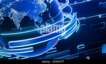 Globe rotatif généré numériquement pour une utilisation en arrière-plan dans les vidéos, les bulletins d'information et les fonds d'écran. Planète Terre 3D en rotation avec lignes abstraites conceptuelles tournant autour et en arrière-plan. Banque D'Images