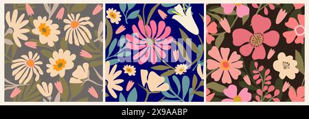 Ensemble de motifs sans couture avec des fleurs abstraites. Illustration de Vecteur