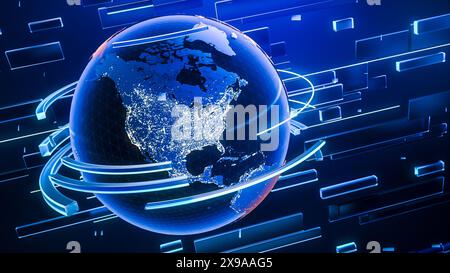 Globe rotatif généré numériquement pour une utilisation en arrière-plan dans les vidéos, les bulletins d'information et les fonds d'écran. Planète Terre 3D en rotation avec lignes abstraites conceptuelles tournant autour et en arrière-plan. Banque D'Images