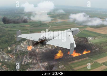 Un drone militaire sans pilote vole dans le ciel au-dessus d'une ville détruite et brûlante. Concept : attaque aérienne, guerre en Ukraine. Banque D'Images