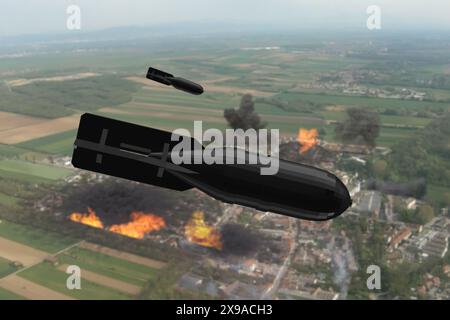 Une bombe aérienne planifiée avec une ogive hautement explosive vole sur une ville détruite et en feu. Concept : attaque aérienne, guerre en Ukraine. Banque D'Images