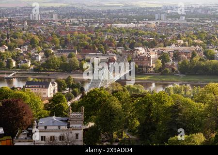 Blick auf die Elbbrücke Blaues Wunder - das ist der inoffizielle Name der Loschwitzer Brücke die in Dresden über die Elbe führt und die Stadtteile Blasewitz am linken und Loschwitz am rechten Ufer miteinander verbindet. *** Vue du pont de l'Elbe Blaues Wunder, qui est le nom officieux du pont de Loschwitz qui traverse l'Elbe à Dresde et relie les quartiers de Blasewitz sur la rive gauche et de Loschwitz sur la rive droite Banque D'Images