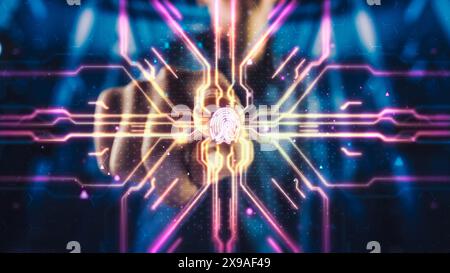 Concept futuriste de scanner d'empreintes digitales : le doigt humain pousse le bouton de l'écran tactile et active l'interface d'intelligence artificielle. Visualisation de la numérisation Internet et de la connectivité en ligne. Banque D'Images