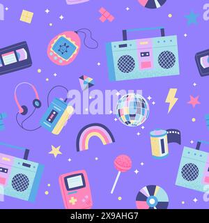 modèle sans couture rétro des années 90. Mignon éléments multicolores lumineux sur fond violet.. Illustration vectorielle dans un style plat tendance Illustration de Vecteur