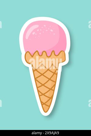 Boule de crème glacée rose dans un cône de gaufre sur un fond bleu. Illustration de Vecteur