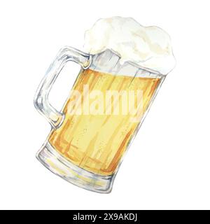 Tasse de bière avec clipart de tête de mousse. Illustration aquarelle de la boisson de pils de lager Oktoberfest. Pinte de bière dorée, boisson de bière pâle pour la brasserie, design de bar Banque D'Images