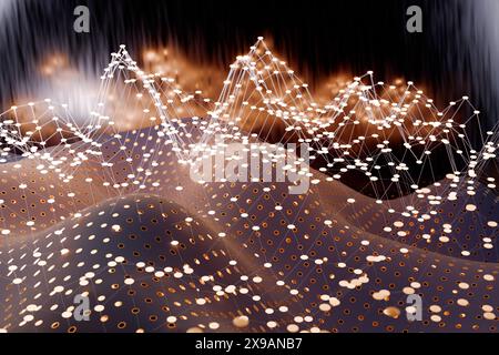 Paysage numérique abstrait avec connexions réseau et rendu Data points.3D. Banque D'Images