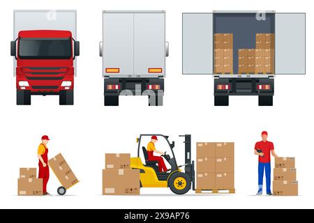 Vue latérale du chariot plat, vue arrière. Livreur. Boîtes dans un camion blanc. Porte ouverte et fermée du conteneur avec des boîtes. Cargaison dans le camion pour le transport Illustration de Vecteur