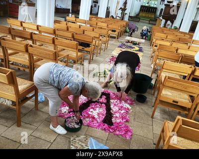 Copus Christi fleurs en cours de pose à Thaxted Church, Thaxted Essex 30 mai 2024 les membres de Thaxted Floral Society et les membres de l'Église déposent des milliers de pétales de fleurs avant cette fête de la cérémonie du Corpus Christi a lieu lorsque la congragation marche à travers l'exposition de pétales. La fête est célébrée liturgiquement le jeudi suivant le dimanche de la Trinité. Crédit : BRIAN HARRIS/Alamy Live News Banque D'Images