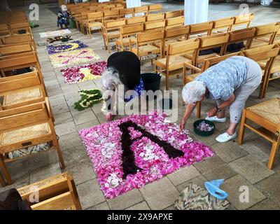 Copus Christi fleurs en cours de pose à Thaxted Church, Thaxted Essex 30 mai 2024 les membres de Thaxted Floral Society et les membres de l'Église déposent des milliers de pétales de fleurs avant cette fête de la cérémonie du Corpus Christi a lieu lorsque la congragation marche à travers l'exposition de pétales. La fête est célébrée liturgiquement le jeudi suivant le dimanche de la Trinité. Crédit : BRIAN HARRIS/Alamy Live News Banque D'Images