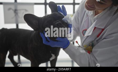 Une jeune vétérinaire hispanique nettoie l’œil d’un bouledogue français dans une clinique vétérinaire, portant des gants et un manteau blanc. Banque D'Images