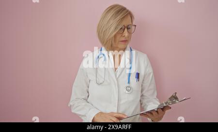 Médecin femme blonde âgée tenant une planche à pince dans un manteau blanc avec un stéthoscope autour de son cou, debout contre un fond de mur rose isolé Banque D'Images