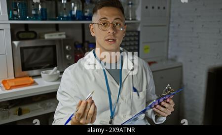 Homme hispanique en blouse de laboratoire tenant une presse-papiers et un stylo dans un cadre de laboratoire Banque D'Images