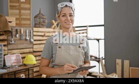 Une jeune femme dans un atelier tient une tablette, entourée d'outils de menuiserie, incarnant un artisan qualifié et moderne. Banque D'Images