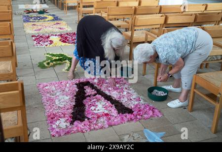 Copus Christi fleurs en cours de pose à Thaxted Church, Thaxted Essex 30 mai 2024 les membres de Thaxted Floral Society et les membres de l'Église déposent des milliers de pétales de fleurs avant cette fête de la cérémonie du Corpus Christi a lieu lorsque la congragation marche à travers l'exposition de pétales. La fête est célébrée liturgiquement le jeudi suivant le dimanche de la Trinité. Crédit : BRIAN HARRIS/Alamy Live News Banque D'Images