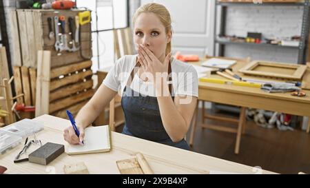 Femme surprise dans un atelier de bois portant un tablier prenant des notes à côté des outils de travail du bois. Banque D'Images