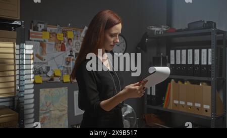 Une femme rousse concentrée analyse un document dans un bureau de détective faiblement éclairé avec un panneau de preuves et une horloge en arrière-plan. Banque D'Images