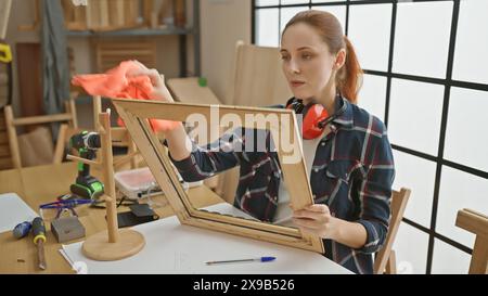 Une jeune femme portant une chemise à carreaux nettoie méticuleusement un cadre en bois dans un atelier bien éclairé. Banque D'Images