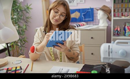 Une jeune femme parcourt une tablette dans un magasin de tailleur coloré, entourée d'articles de couture essentiels et de tissus vibrants. Banque D'Images