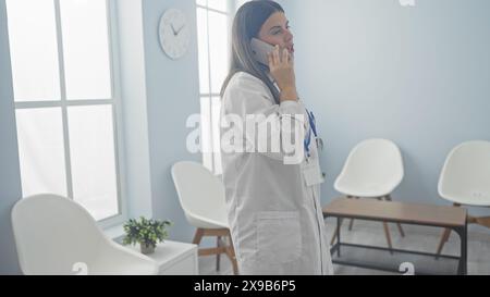 Une jeune femme brune médecin dans une blouse de laboratoire blanche et stéthoscope parlant au téléphone dans une salle d'attente d'hôpital. Banque D'Images