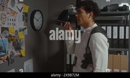 Un jeune homme hispanique, habillé en détective, enregistre un message dans un bureau de police bien équipé. Banque D'Images