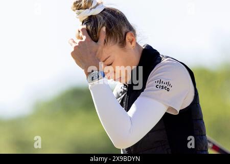 Philadelphie, États-Unis. 30 mai 2024. Nelly Korda réagit après son dernier putt sur le 12e trou lors du 79e US Women's Open au Lancaster Country Club à Lancaster, Pennsylvanie, le jeudi 30 mai 2024. Photo de Laurence Kesterson/UPI crédit : UPI/Alamy Live News Banque D'Images