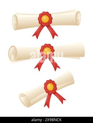 Rouleau de diplôme enroulé avec ruban rouge et sceau, dans différentes positions. Modèle de rouleau de papier avec sceau, certificat d'éducation, an Illustration de Vecteur