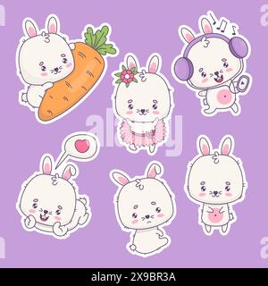 Autocollants de lapin blanc mignon collection. Ballerine fille, lapin amoureux, avec carotte et écouteurs, bébé triste malheureux. Chara animal kawaii drôle isolé Illustration de Vecteur