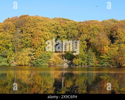 Les couleurs automnales de la forêt se reflètent dans la surface d'eau calme d'un lac, idéal pour une excursion paisible dans la nature, forêt colorée Banque D'Images