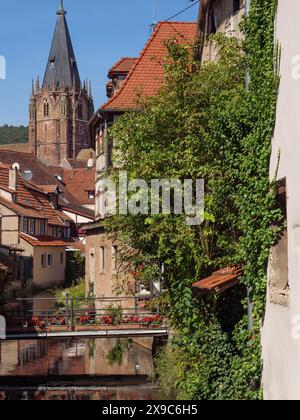 Maisons historiques à colombages avec décorations florales en Alsace, Wissembourg, France Banque D'Images