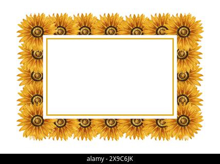 Cadre aquarelle pour tournesols. Cadre rectangulaire avec fleurs jaunes. Composition florale estivale. Arrangement de fleurs d'automne. Botanique dessiné à la main Banque D'Images