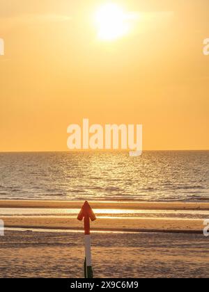 Une flèche sur la plage pointe vers la mer au coucher du soleil, le ciel brille de lumière dorée, coucher de soleil sur la plage de haan sur la mer du nord, de han Banque D'Images