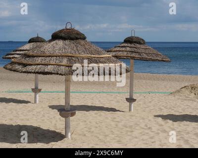 Plage avec plusieurs parasols de chaume et mer calme sous ciel partiellement nuageux, printemps sur la côte polonaise de la mer Baltique avec des arbres verts et de l'eau claire Banque D'Images