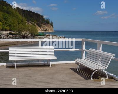 Bancs blancs sur une jetée, derrière eux la mer et une falaise boisée, ressort sur la côte Baltique avec des bateaux de pêche verts sur la plage et des arbres verts sur Banque D'Images