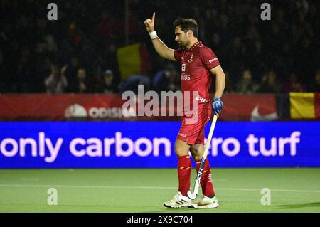 Anvers, Belgique. 30 mai 2024. Le belge Loick Luypaert célèbre après avoir marqué lors d'un match de hockey entre l'équipe nationale belge des Red Lions et l'Espagne, match 10/16 en phase de groupes de la FIH Pro League 2024 masculine, jeudi 30 mai 2024, à Anvers. BELGA PHOTO DIRK WAEM crédit : Belga News Agency/Alamy Live News Banque D'Images