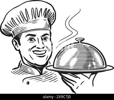 Chef cuisinier masculin tenant un plateau ou une cloche. Cuisine, concept de restaurant. Dessin vectoriel d'esquisse dessiné à la main Illustration de Vecteur