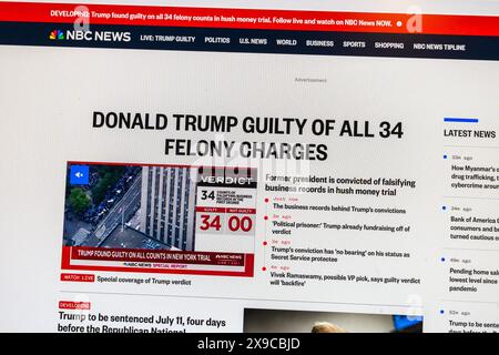 Réaction instantanée en ligne sur NBC News (USA) alors que l'ancien président Trump est reconnu coupable et condamné pour 34 crimes, le 30 mai 2024. Banque D'Images