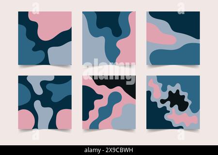 Ensemble de fonds abstraits dessinés à la main. Modèles de bannière carrée pour les publications sur les médias sociaux. Collection minimale de décors sur les couleurs rose et bleue Illustration de Vecteur