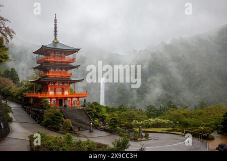 Pagode du temple Seiganto-ji avec les chutes de Nachi derrière le sentier de randonnée Kumano Kodo, avril, Japon Banque D'Images