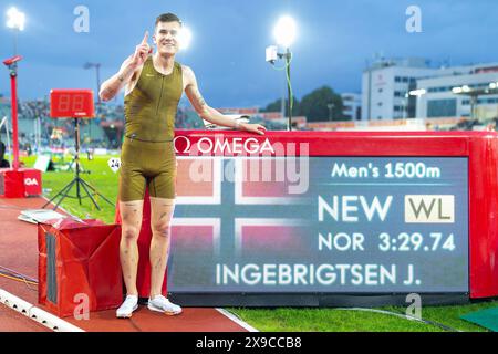 Oslo, Norvège 30 mai 2024 Jakob Ingebrigtsen, de Norvège, vainqueur de l'épreuve masculine du 1500m à la Wanda Diamond League qui s'est tenue aux Jeux Bislett d'Oslo, Norvège crédit : Nigel Waldron/Alamy Live News Banque D'Images