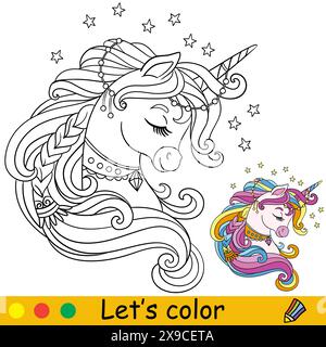 Coloriage avec modèle de couleur rêvant vecteur portrait licorne Illustration de Vecteur