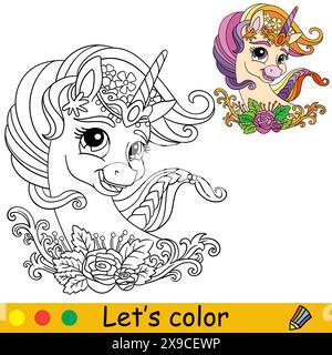 Coloriage avec modèle de couleur rêvant vecteur de tête de licorne Illustration de Vecteur