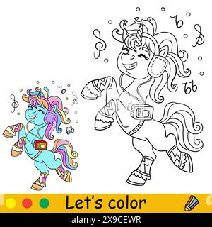 Enfants coloriant avec modèle de couleur vecteur de licorne mignon dansant Illustration de Vecteur