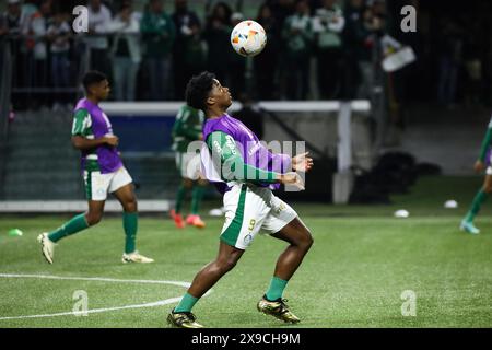 Sao Paulo, Brésil. 30 mai 2024. Endrick de Palmeiras lors de l'échauffement avant le match contre San Lorenzo dans le 6ème tour de la phase de groupes de la CONMEBOL Libertadores Cup, à Allianz Parque, à l'est de São Paulo, ce jeudi 30 mai 2024. L'athlète dit au revoir à Palmeiras pour rejoindre le Real Madrid en Espagne crédit : Brazil photo Press/Alamy Live News Banque D'Images