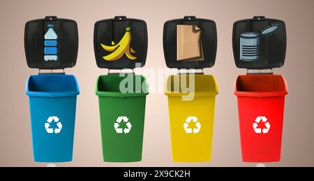 Tri des déchets, conception de bannières. Bacs de recyclage avec illustrations de différents types de déchets sur fond beige Banque D'Images